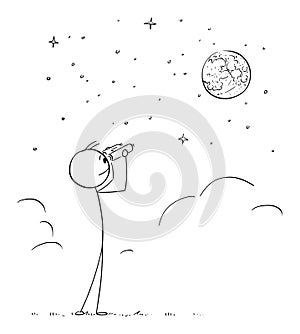 erson With Binoculars Watching Moon, Vector Cartoon Stick Figure Illustration