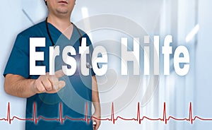 Erste Hilfe in germn First Aid doctor shows on viewer with hea photo