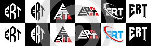 ERT letter logo design in six style. ERT polygon, circle, triangle, hexagon, flat and simple style with black and white color