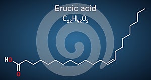 Erucic acid, docosenoic acid molecule. It is carboxylic, monounsaturated omega-9 fatty acid. Structural chemical formula on the