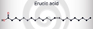 Erucic acid, docosenoic acid molecule. It is carboxylic, monounsaturated omega-9 fatty acid. Skeletal chemical formula
