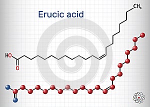 Erucic acid, docosenoic acid molecule. It is carboxylic, monounsaturated omega-9 fatty acid. Structural chemical formula and