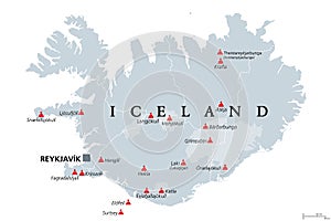 Volcanoes of Iceland that erupted since human settlement, political map photo