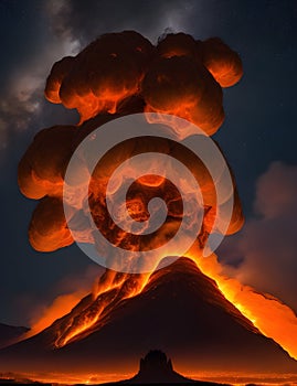 An erupting volcano, with billowing smoke rising high into the sky, and molten lava flowing down its fiery slopes