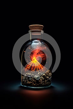 Erupting Volcano with Fiery Lava Flowing Out, Encased in a Bottle Against a Black Background. created with Generative AI