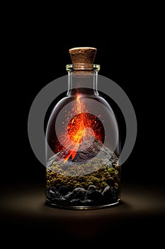 Erupting Volcano with Fiery Lava Flowing Out, Encased in a Bottle Against a Black Background. created with Generative AI