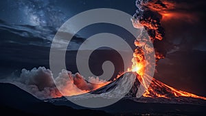 Erupting volcano with flowing lava