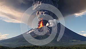 Erupting volcano with flowing lava