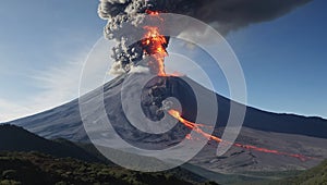 Erupting volcano with flowing lava