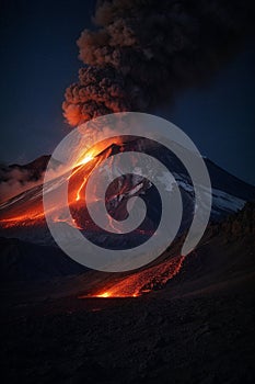 Erupting volcano seen at dusk spewing thick black smoke