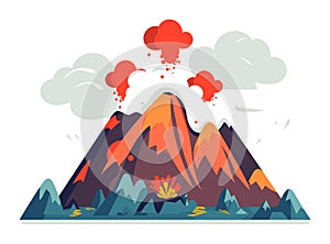 Erupting volcano with smoke and lava flow in nature. Dynamic eruption scene with vibrant colors. Natural disaster and