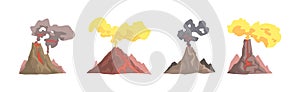 Erupting Volcano with Smoke at Top of Mountain Vector Set