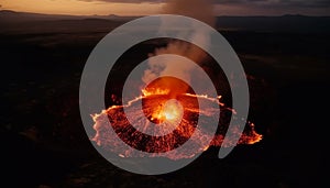 The erupting volcano spews glowing lava, smoke, and pyroclastic flow generated by AI