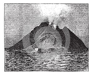 Erupting volcano, Stromboli, Italy, vintage engraving