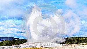 Eruption of the famous Old Faithful Geyser, a Cone Geyser in the Upper Geyser Basin, in Yellowstone National Park