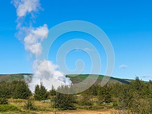 eruption in Haukadalur geyser valley in Iceland