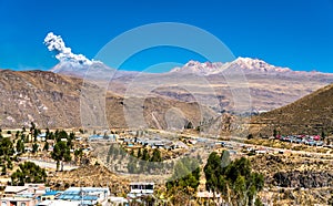 Eruption of Sabancaya volcano above Chivay in Peru