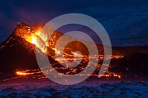 The eruption site of Geldingadalir in Fagradalsfjall mountain on Reykjanes in Iceland