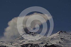 Eruption of the snow-capped volcano from Chile, Chile