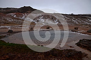 The eruption of the Strokkur geyser in the southwestern part of Iceland in a geothermal area near the river Hvitau