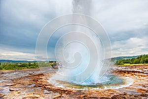 Eruption of Strokkur Geysir, Golden circle in Iceland