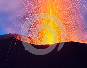 Eruption of the Stromboli volcano, Aeolian islands, Sicily, Italy