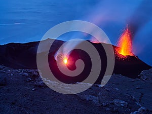 Eruption of the Stromboli volcano, Aeolian islands, Sicily, Italy photo