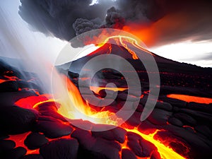 eruption of volcano lava flow in lava flow, AI generated