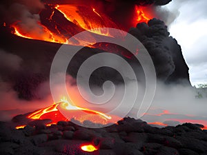 eruption of volcano lava flow in lava flow, AI generated