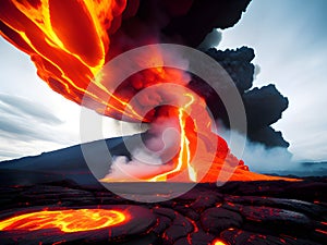 eruption of volcano lava flow in lava flow, AI generated