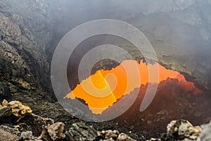 Eruption of Volcano Tolbachik, boiling magma flowing through lava tubes under the layer of solid lava, Kamchatka Peninsula, Russia