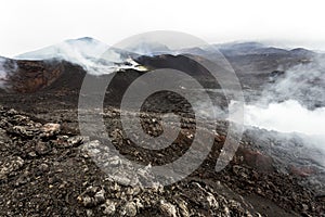 Eruption of Volcano Tolbachik. Crater and solid lava fields, Kamchatka Peninsula, Russia