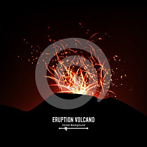 Eruption Volcano Vector. Thunderstorm Sparks. Big And Heavy Explosion From The Mountain. Spewing Glowing Red Hot Lava.