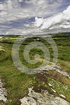 Eryri or Snowdonia heathland looking toward river estuary