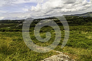 Eryri or Snowdonia heathland looking toward village