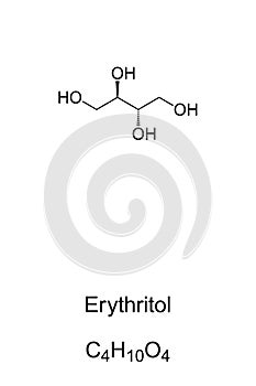 Erythritol, chemical formula and skeletal structure