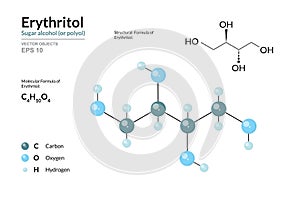 Erythritol. Food Additive and Sugar Substitute. Sugar alcohol or polyol. C4H10O4. Structural Chemical Formula and Molecule 3d photo