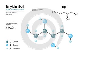 Erythritol. Food Additive and Sugar Substitute. Sugar alcohol or polyol. C4H10O4. Structural Chemical Formula and Molecule 3d