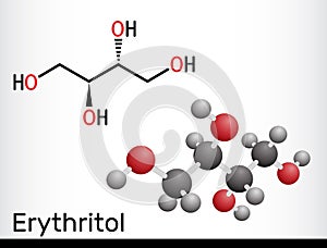 Erythritol molecule. It is sugar alcohol or polyol, food additive, sugar substitute, E968, Is found in algae, fungi, lichens.