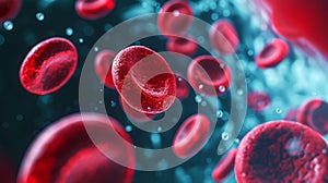 Erythrocytes red blood cells floating against dark backdrop. Medical illustration. Hematology concept. Generative AI