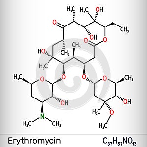 Erythromycin molecule. It is bacteriostatic antibiotic drug, belongs to the macrolide group. photo