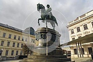 Erzherzog Albrecht equestrian monument near famous Albertina museum palace in Vienna, Austria. January 2022