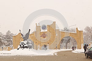 Erzurum in Turkey. Ataturk University gate. During a ice storm, snowfall, snow