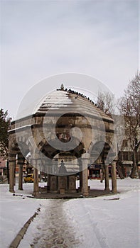 Erzurum, in Turkey. Snow and ice on a dome over an ancient water source