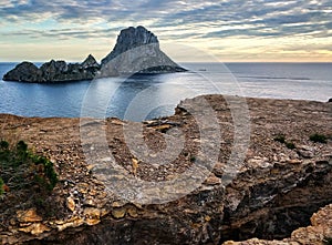 Es Vedra island at sunset. Ibiza Island, Balearic Islands. Spain