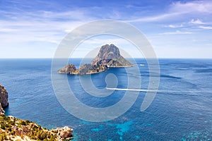 Es Vedra rock Ibiza island Spain travel Mediterranean Sea boat v