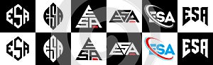 ESA letter logo design in six style. ESA polygon, circle, triangle, hexagon, flat and simple style with black and white color