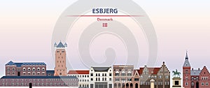 Esbjerg cityscape on sunset sky background vector illustration with country and city name and with flag of Denmark