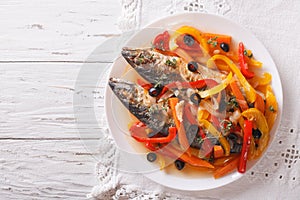 Escabeche fish: mackerel in vegetable marinade. horizontal top v