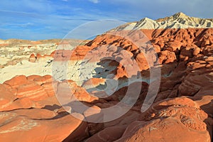 Escalante National Monument, Erosion Landscape of Red and White Sandstone Layers at Toadstools Trail in Evening Light, Utah, USA